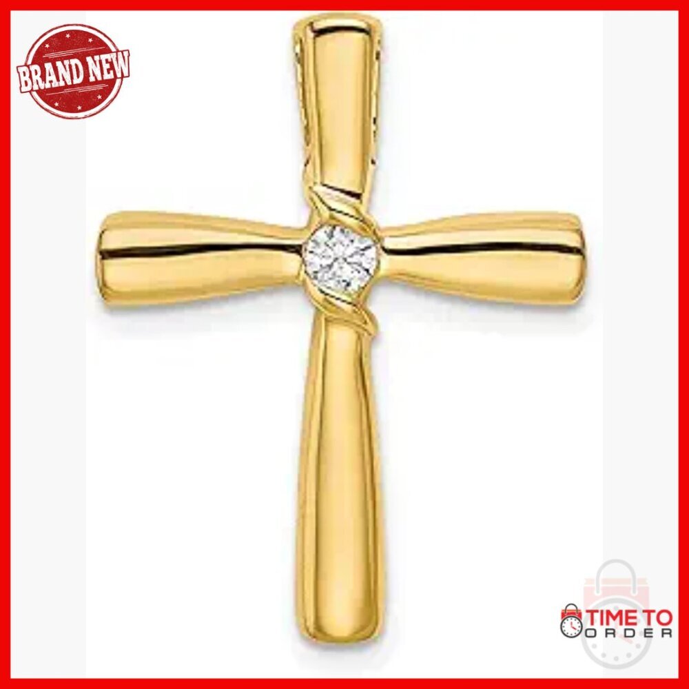 14K Yellow Gold Diamond Cross Pendant Necklace 25mm Faith Jewelry
